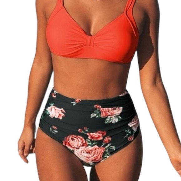 Cupshe Orange Floral High Waisted Bikini Bottom NWT M - Picture 2 of 9
